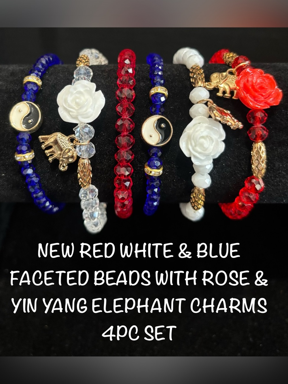 New Red White & Blue Faceted Bead Bracelet Set with Rose and Elephant Charms